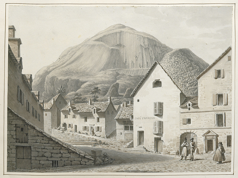 intérieur de Murat – montagne de Bonnevie avec ses basaltes réguliers.[légende manuscrite]